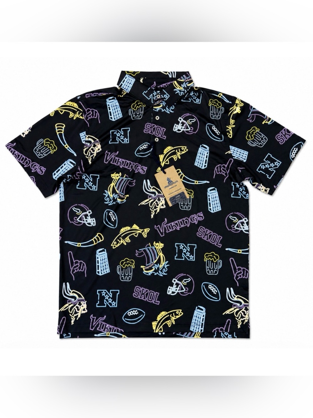 CHUBBIES BLACK NEON GRAPHIC NFL MINNESOTA VIKINGS PERFORMANCE POLO SHIRT SZ M